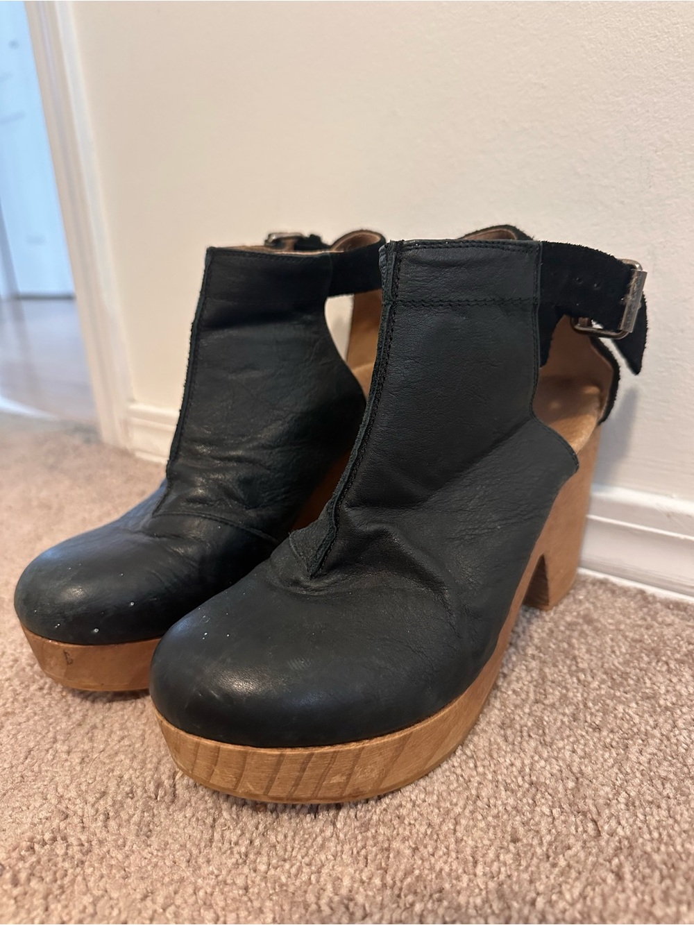 Free People Black Leather Platform Ankle Booties with Wood Heel